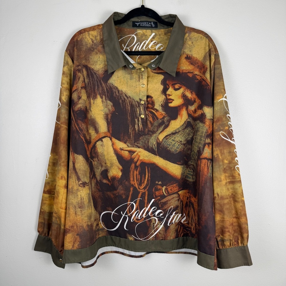 Lucky & Blessed Western Graphic Pullover - Olive, Brown, Gold